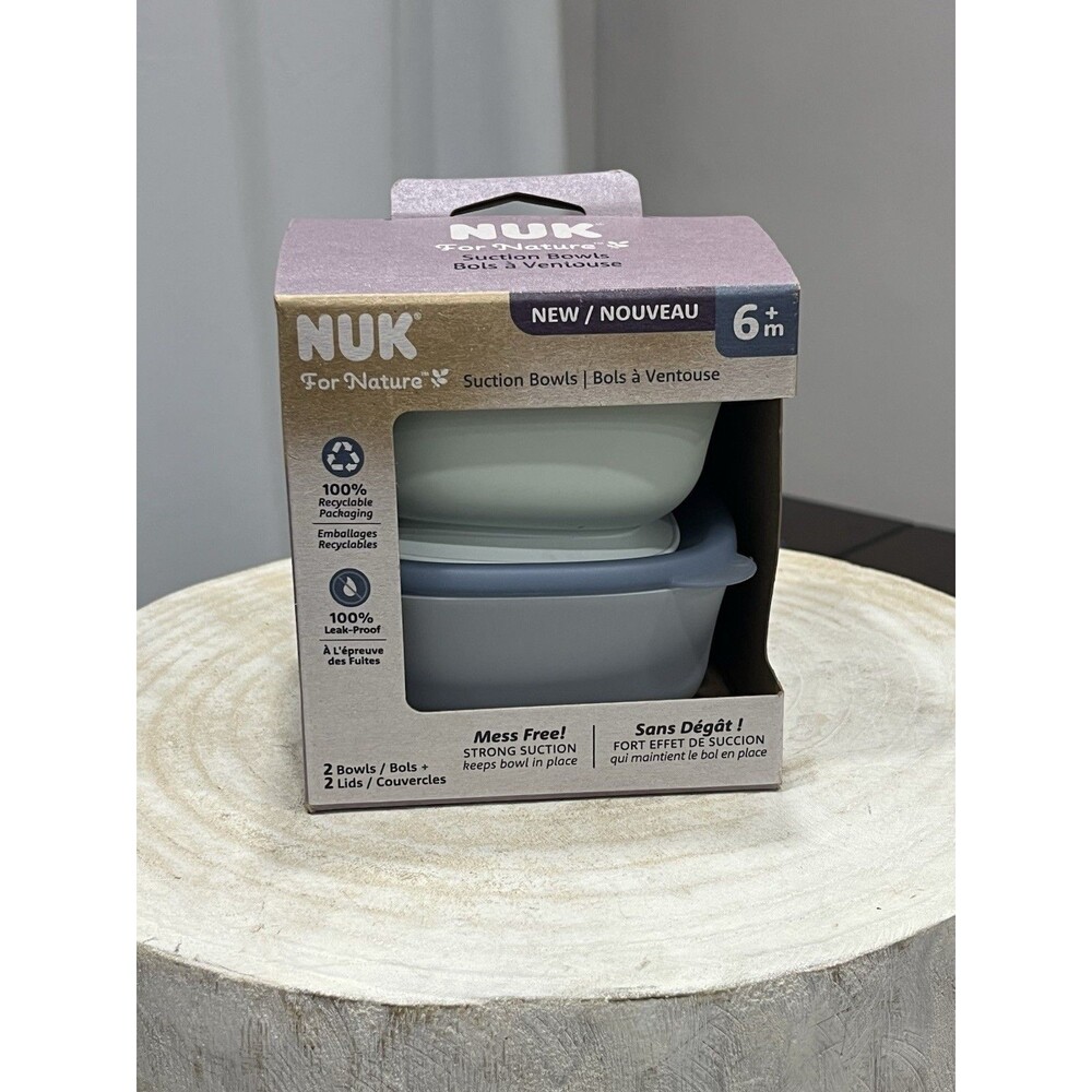 NUK for Nature Suction Bowls and Lids 2 Pack Blue Green 6m+ NEW Leak Proof